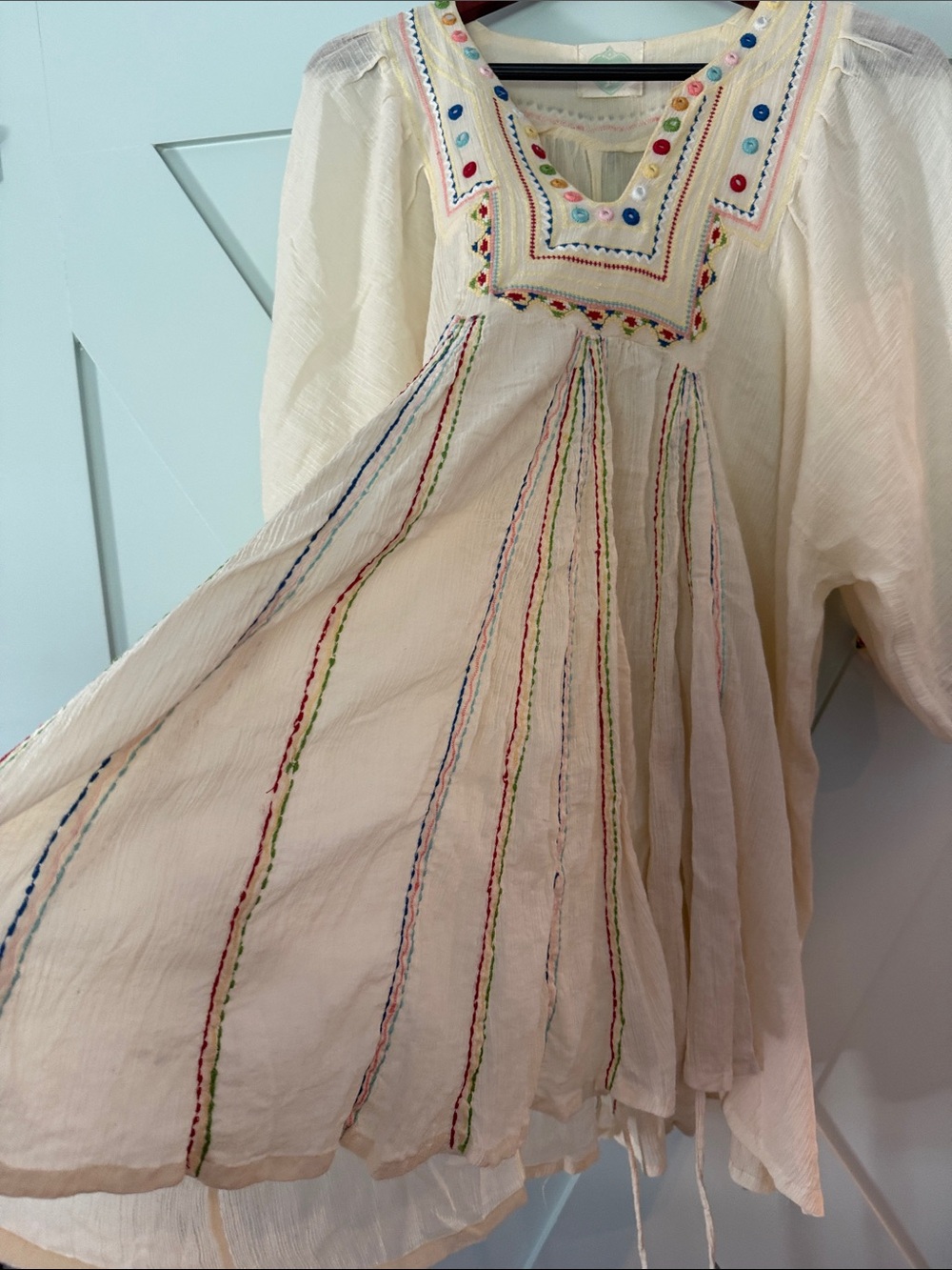 Woman’s Cream Embroidered Boho Tunic Dress with Colorful Bead Accents - Picture 3 of 6